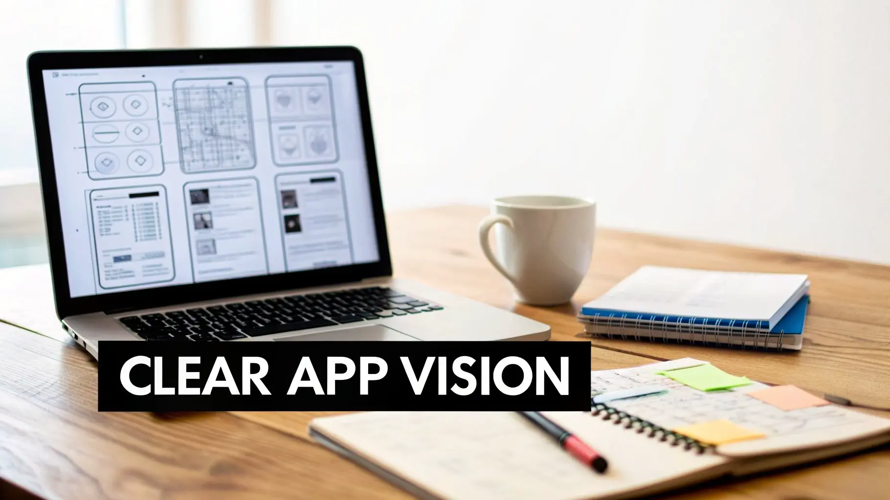 A professional workspace with a laptop displaying app UI designs, a coffee mug, and a notebook with sticky notes.