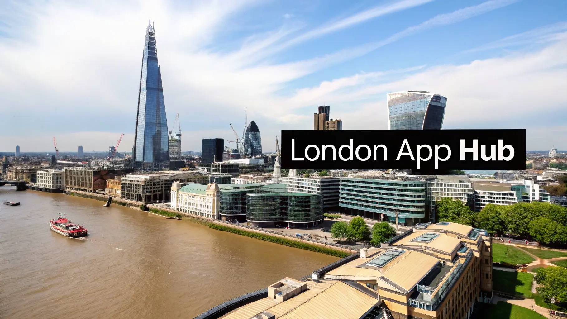 Aerial view of London skyline with The Shard, Gherkin, and Thames, featuring 'London App Hub' text overlay.