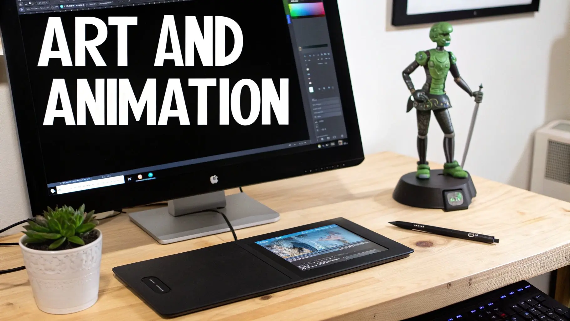 A creative workspace featuring a monitor displaying 'ART AND ANIMATION', a drawing tablet, and a green action figure.