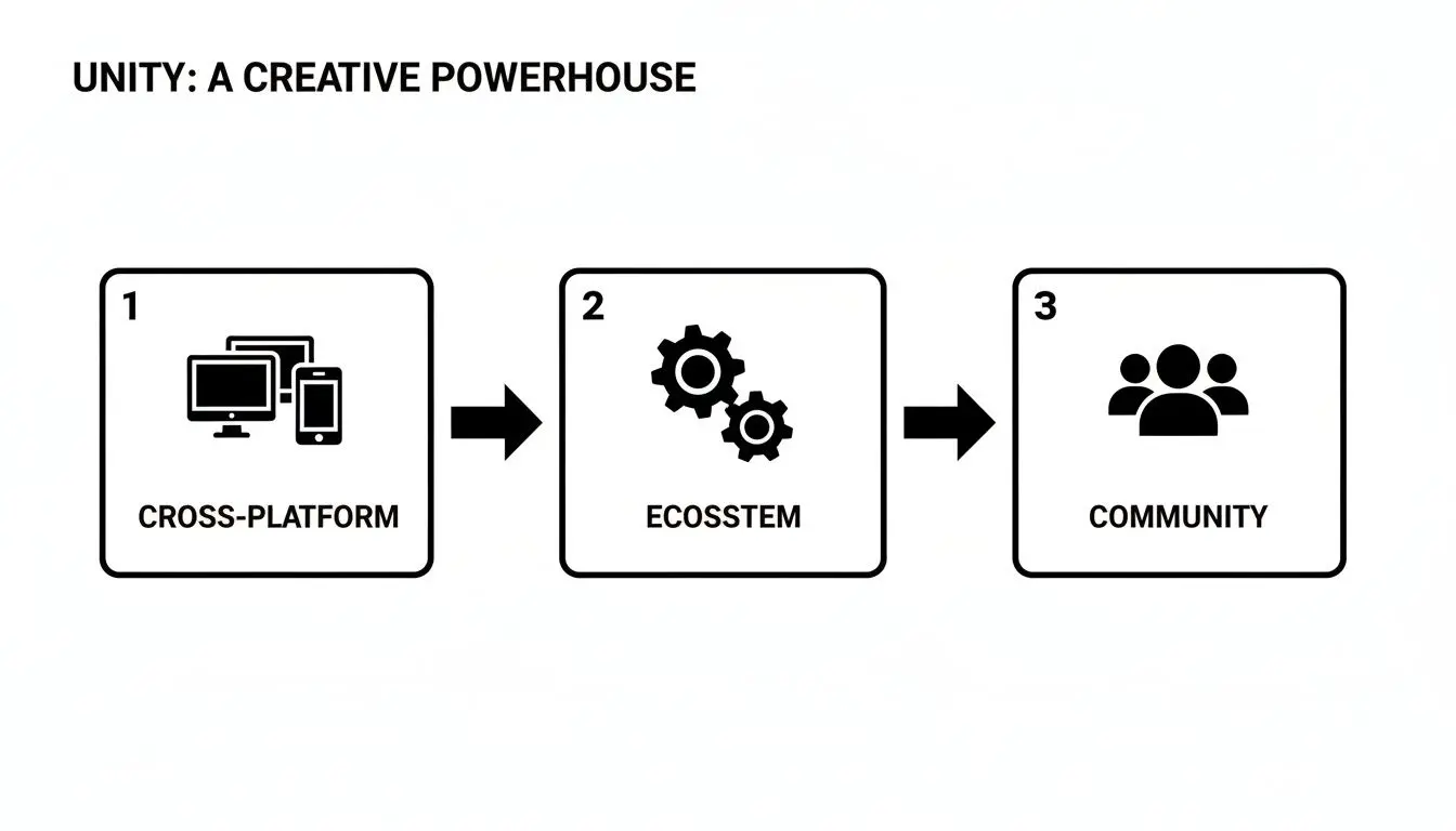 A flowchart outlining Unity's key strengths: cross-platform development, robust ecosystem, and strong community.