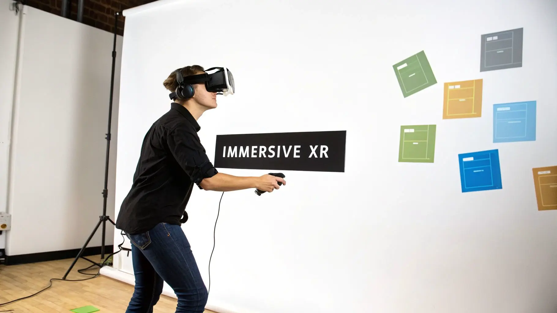 A person wears a VR headset and holds a controller, engaging with IMMERSIVE XR on a white wall.