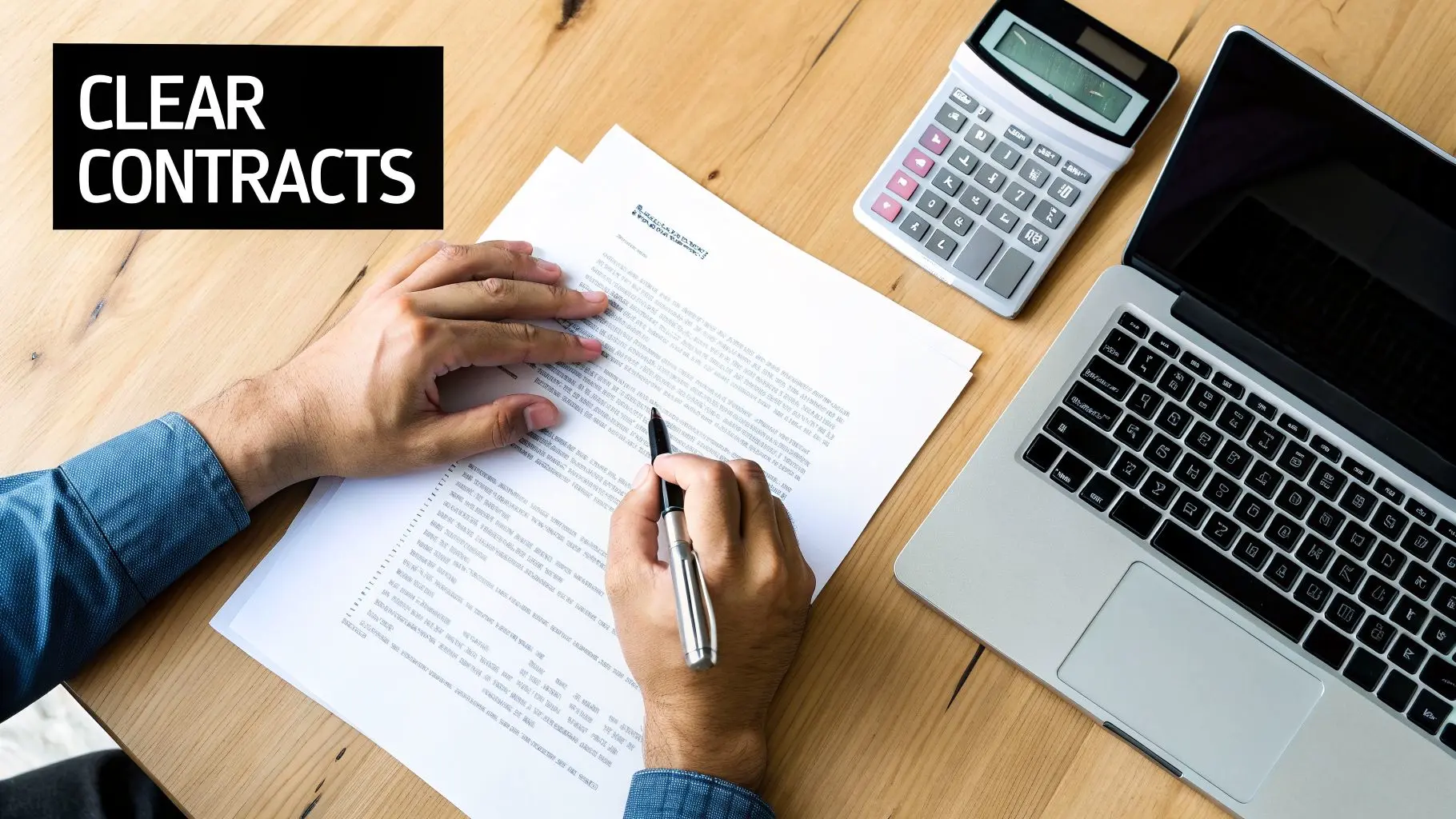 Person signing a contract with a pen, laptop, and calculator on a wooden desk with 'CLEAR CONTRACTS' text.
