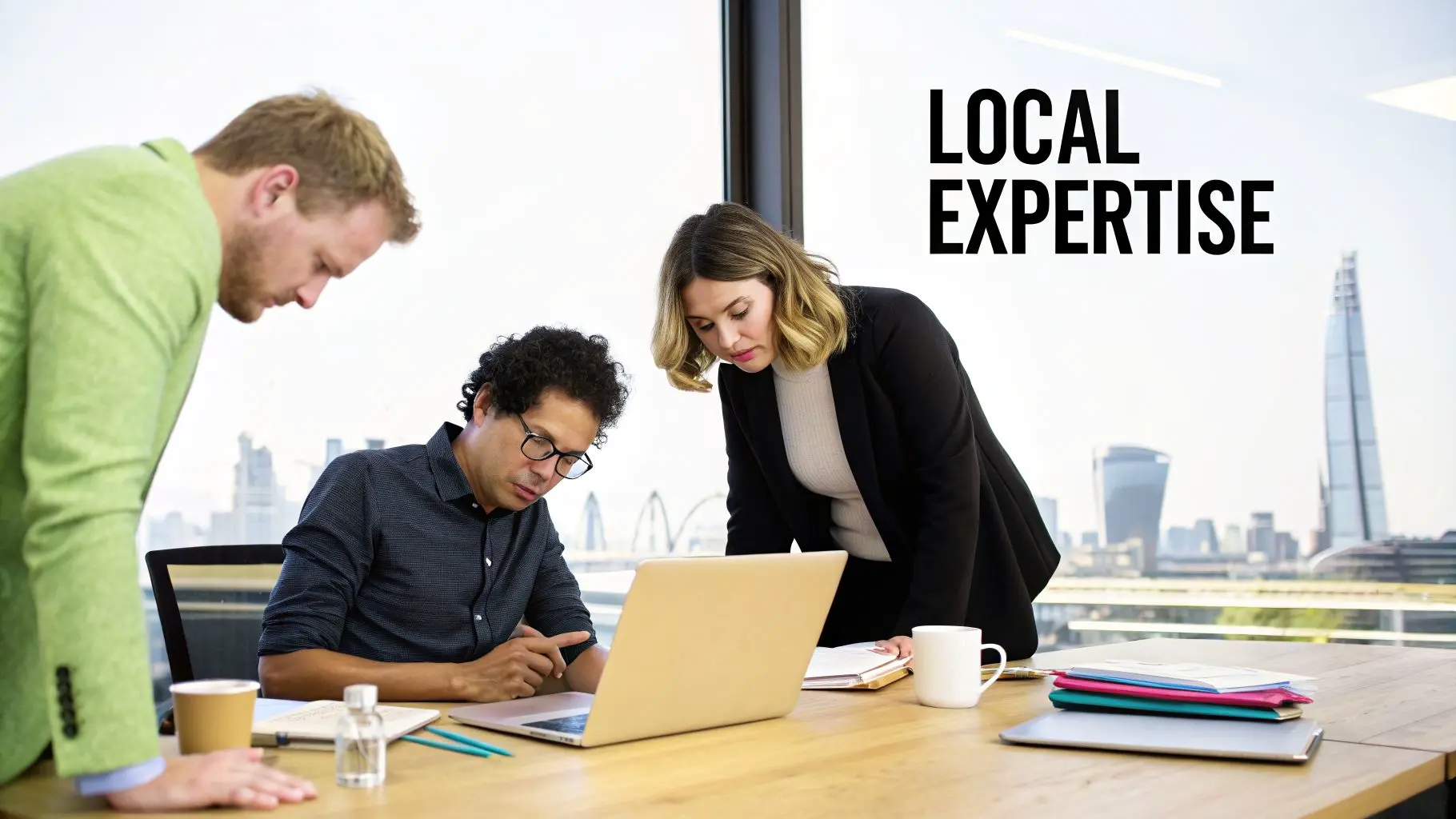 Three diverse professionals collaborating on a laptop in a modern office with a city view.