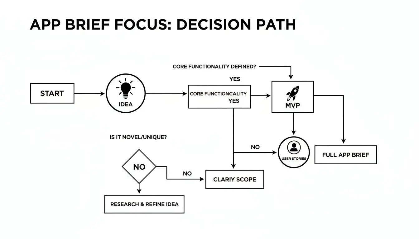 A detailed flowchart illustrating the app brief decision path, from ideation to full app brief development.