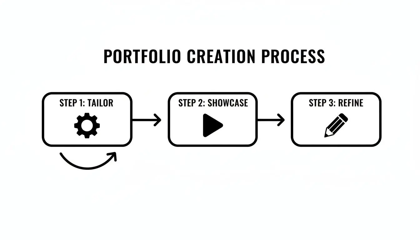 A flowchart illustrating the three-step portfolio creation process: tailor, showcase, and refine.