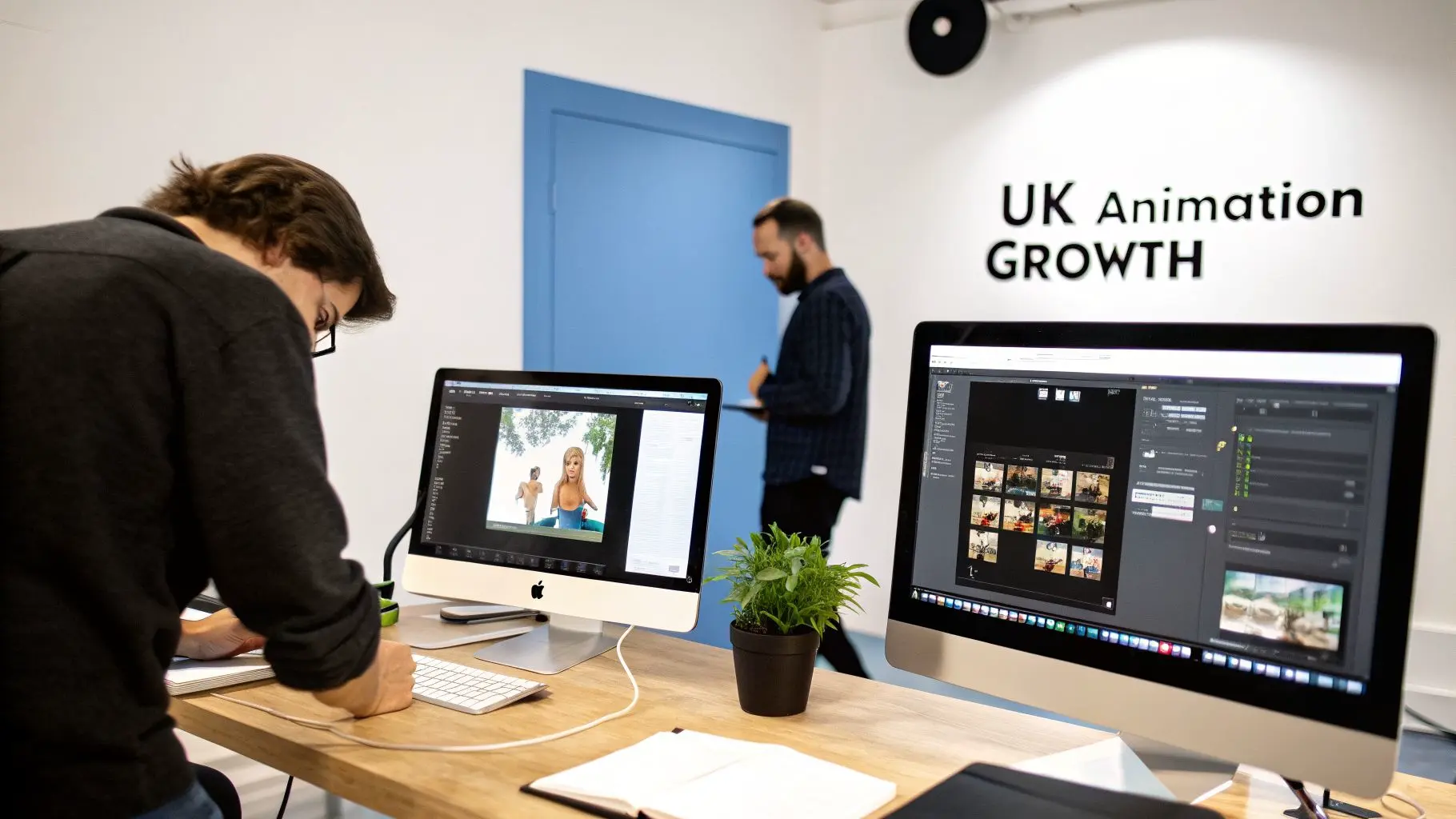 An animation studio workspace with two men.