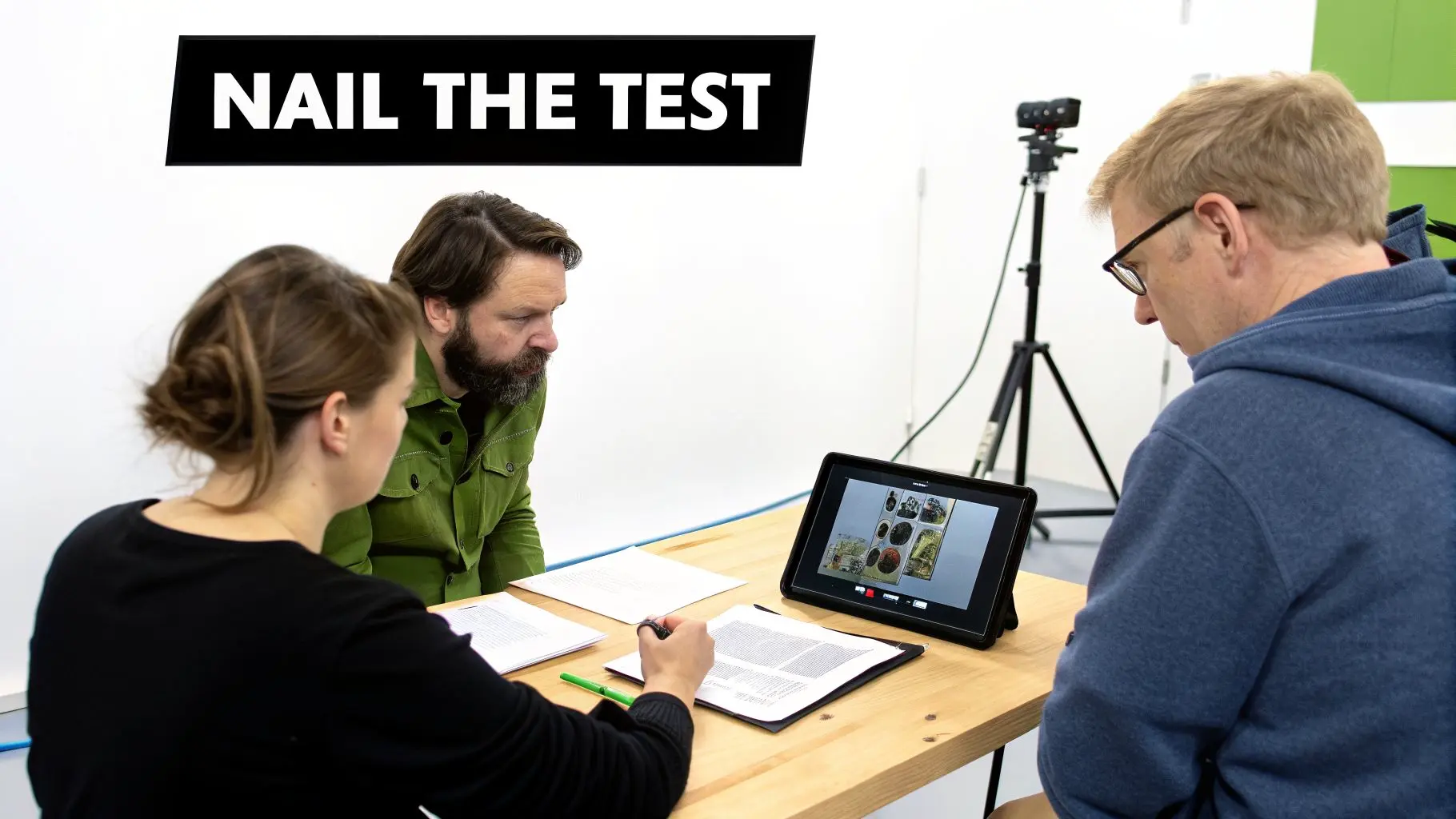 Three people reviewing documents and a tablet on a wooden table under a 'NAIL THE TEST' banner.