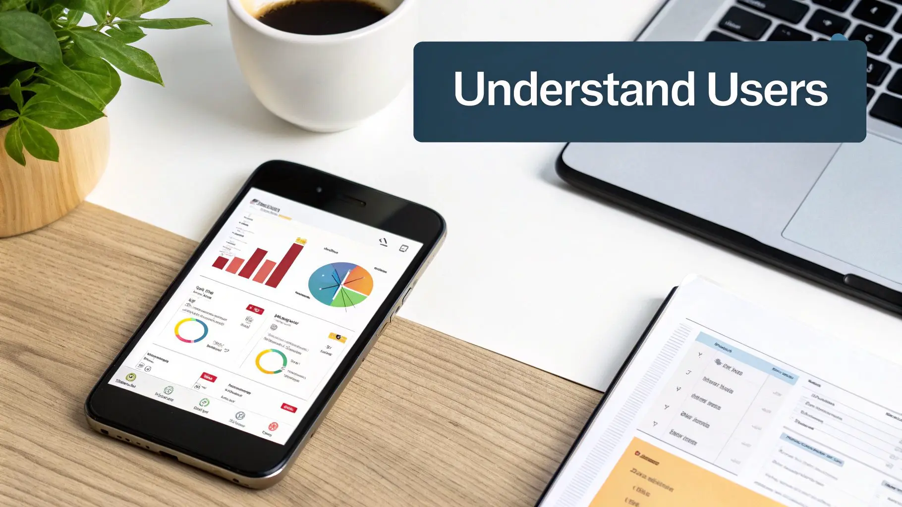 A person analysing data on a tablet with charts and graphs in the background