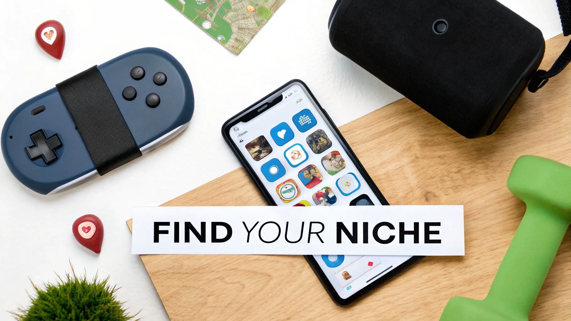 A flat lay of a smartphone showing various apps, a gaming controller, speaker, and a green dumbbell.