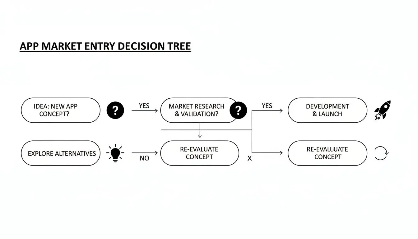 A decision tree flowchart for app market entry, detailing steps from concept to launch or re-evaluation.