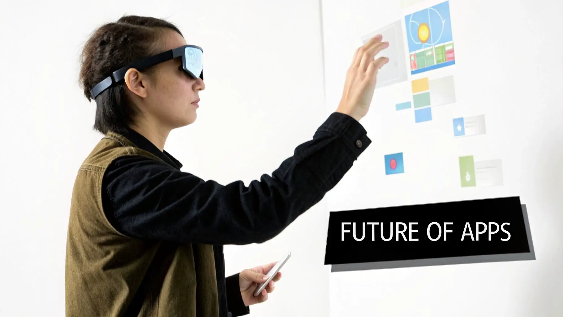 A person wearing futuristic VR/AR goggles interacts with virtual app interfaces on a wall, embodying the future of apps.