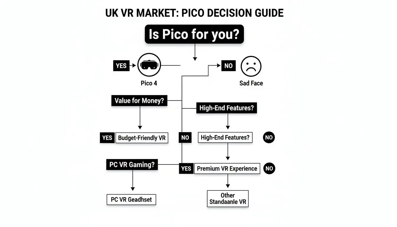 Decision guide flowchart for the UK VR market, helping users decide if a Pico 4 is suitable.