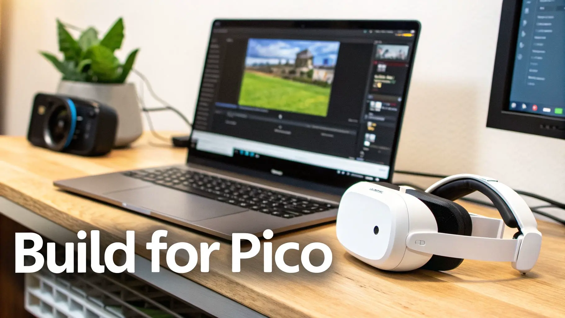 A Pico VR headset rests on a wooden desk next to a laptop displaying video editing software.