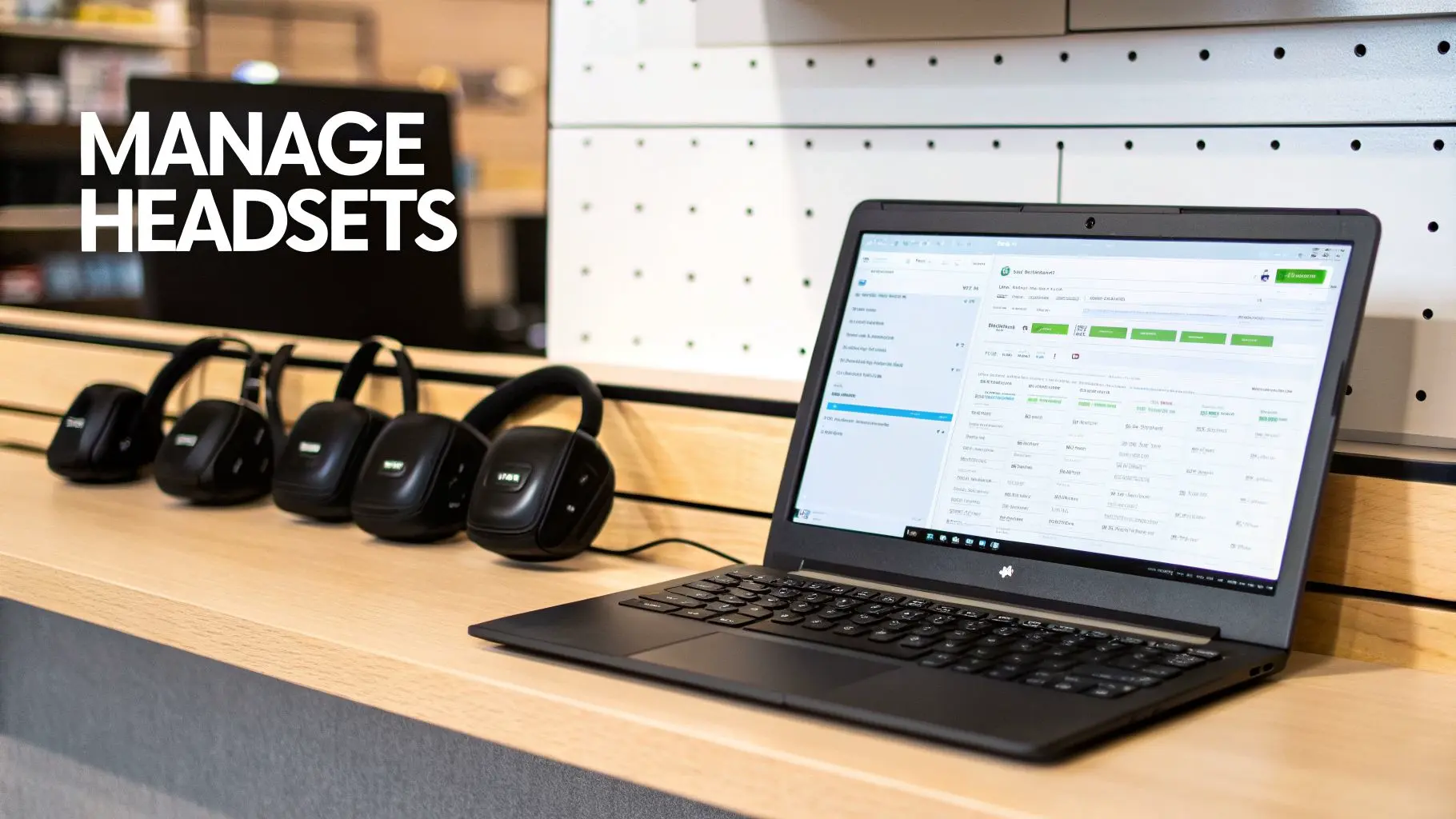 A row of black headsets and an open laptop displaying management software on a wooden counter.