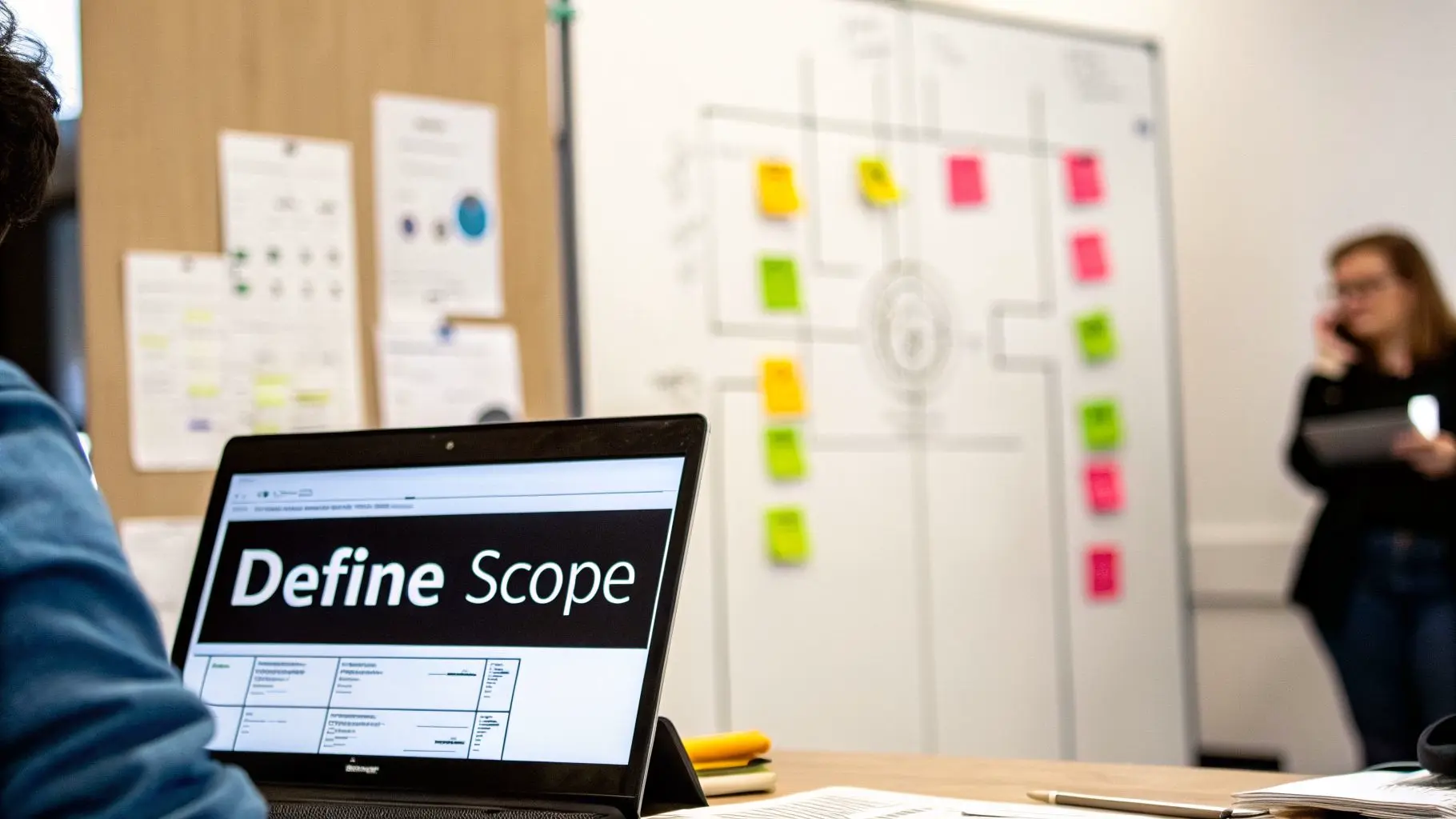 A person works on a laptop displaying 'Define Scope' in a modern meeting room with a whiteboard.
