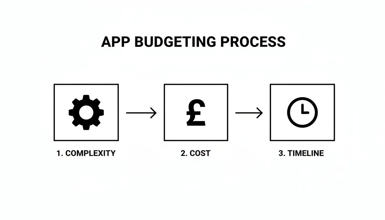 Flowchart illustrating the app budgeting process, detailing complexity, cost, and timeline steps with icons.