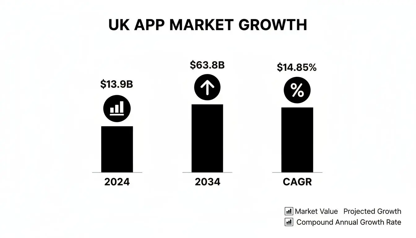 Bar chart showing UK app market growth: $13.9B in 2024, $63.8B in 2034, and 14.85% CAGR.