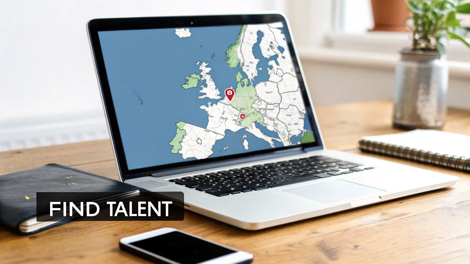 Laptop displaying a map of Europe with location pins, next to a smartphone and 'Find Talent' text.