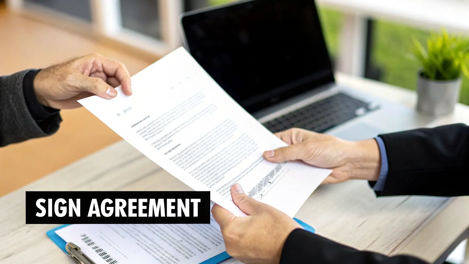 Two people in business attire exchanging a document, likely a contract or agreement, in an office setting.