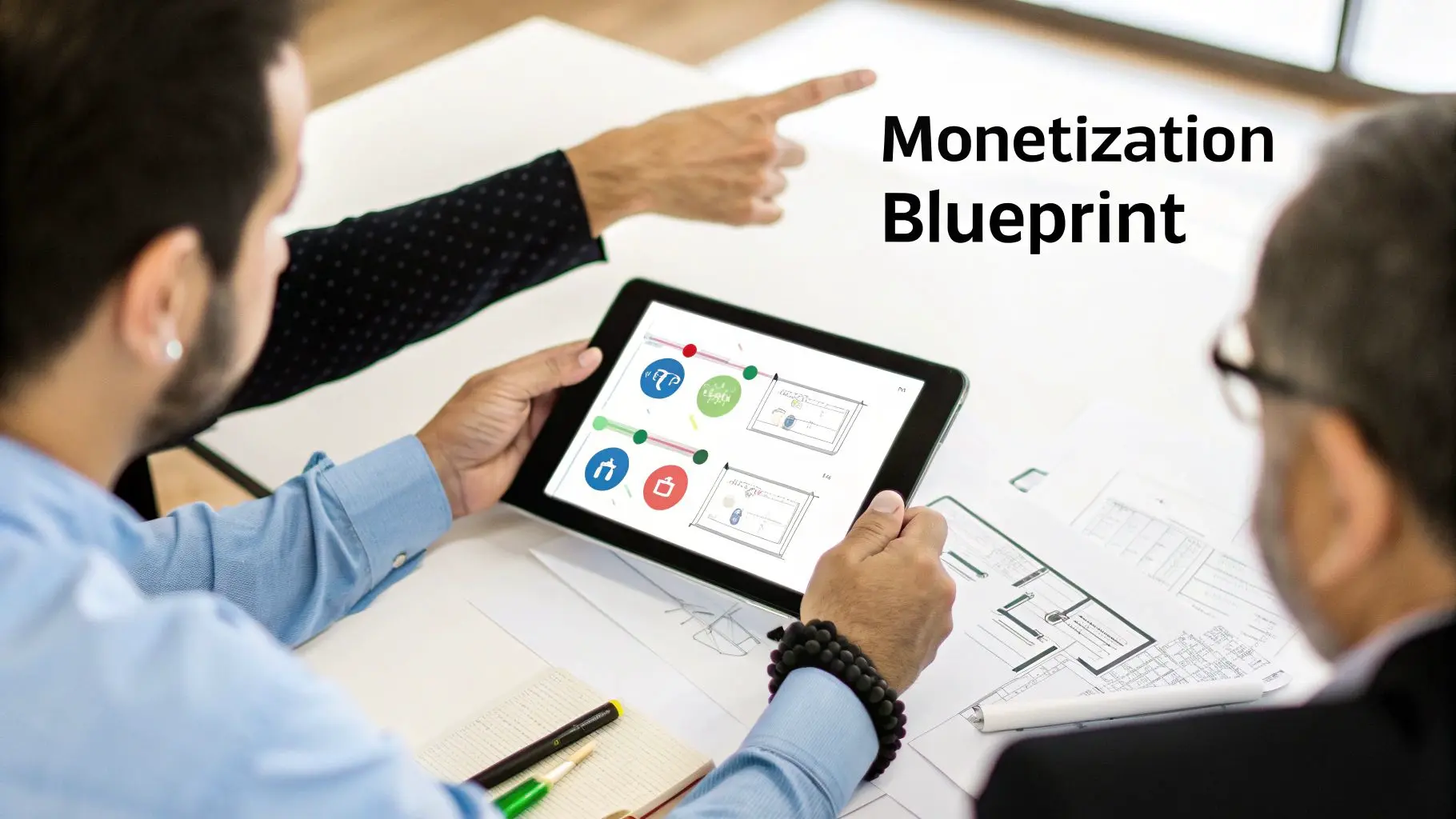 Two professionals collaborate, reviewing a digital monetization blueprint on a tablet with paper documents.