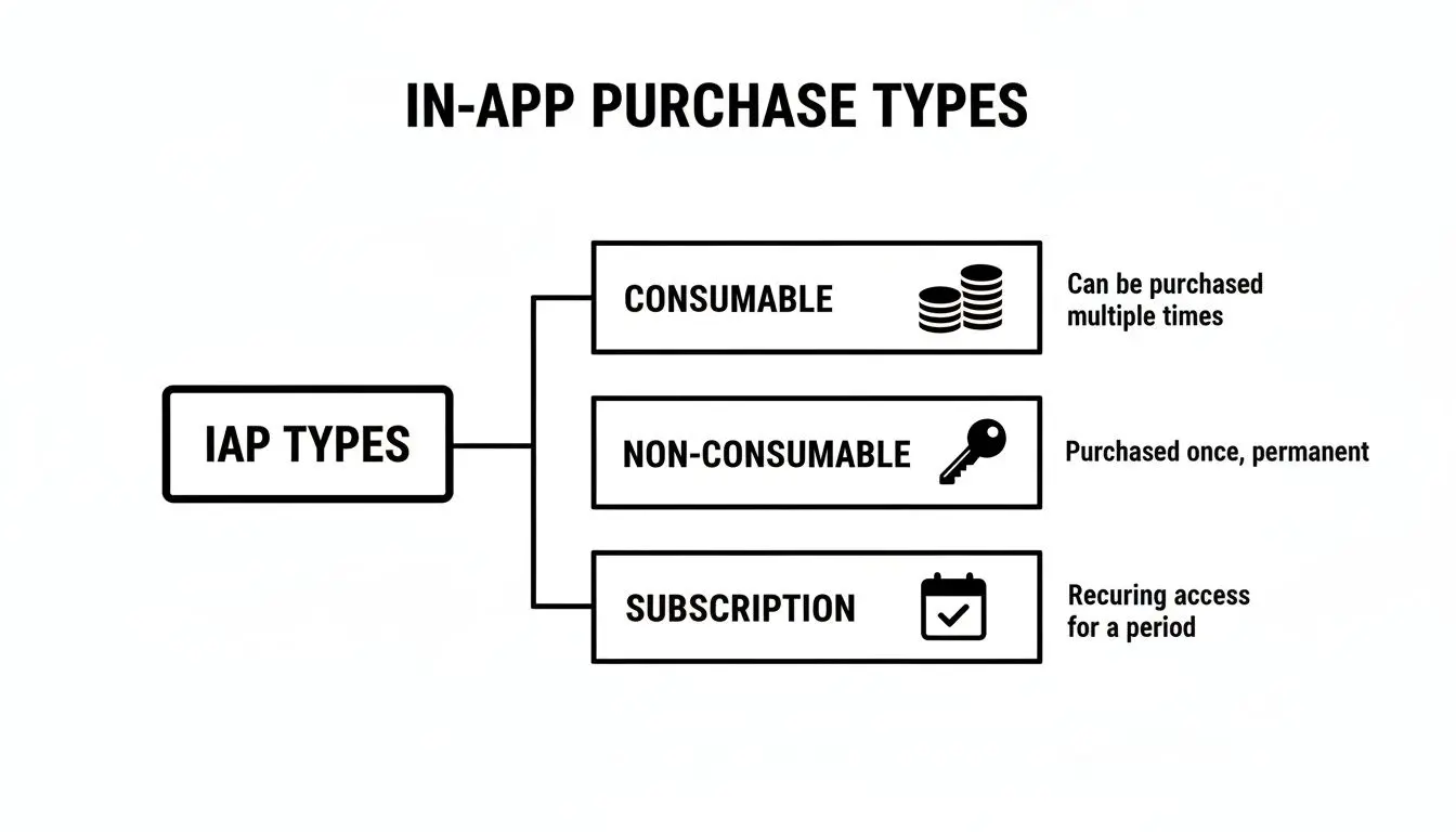 Flowchart showing three in-app purchase types: Consumable, Non-Consumable, and Subscription, with descriptions.