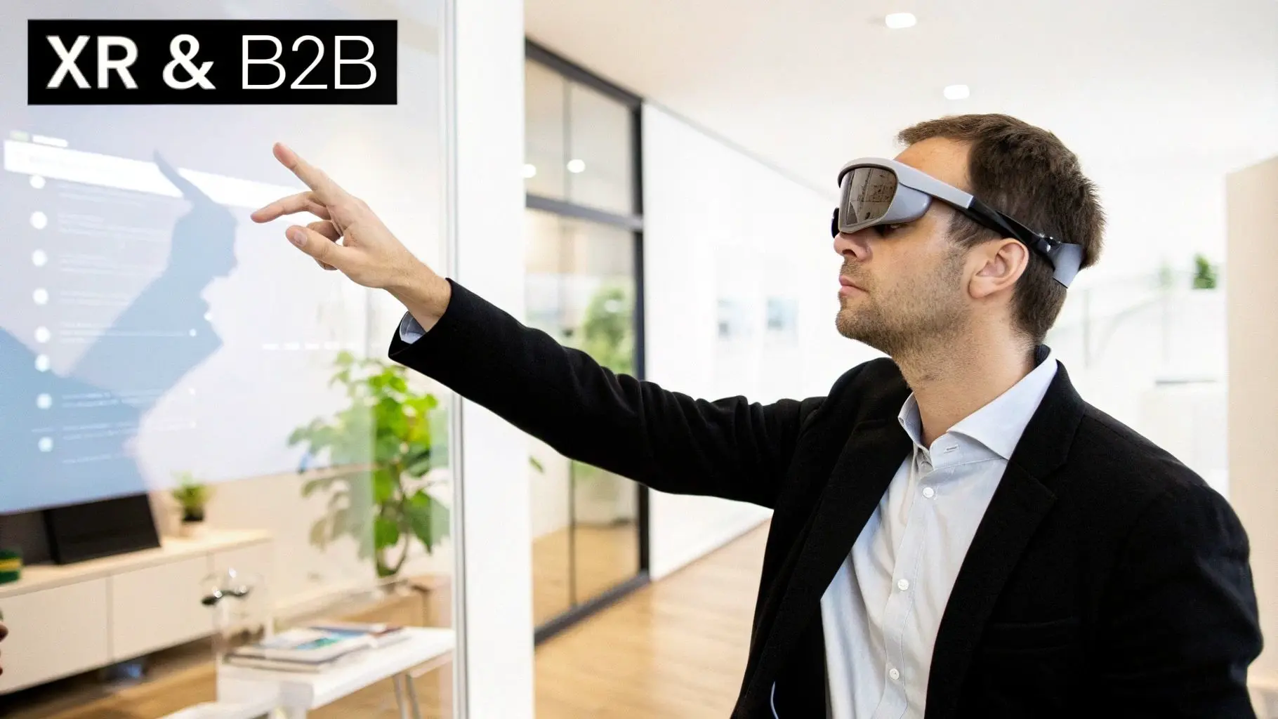 A man in XR glasses interacts with a virtual display, demonstrating augmented reality in a business setting.