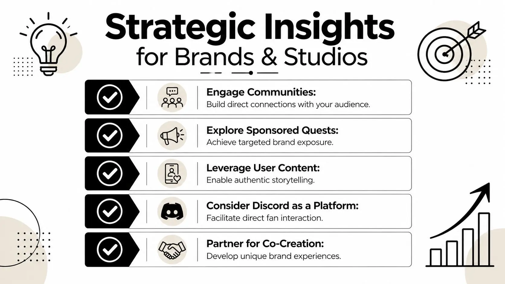 A strategic insights graphic for brands and studios, outlining five key marketing and community engagement strategies.