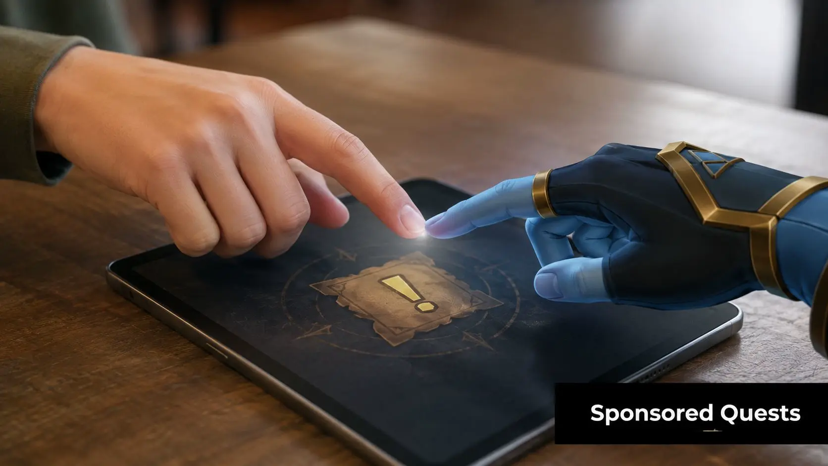 A human hand and a robotic hand touching a digital tablet screen with a glowing exclamation mark icon.