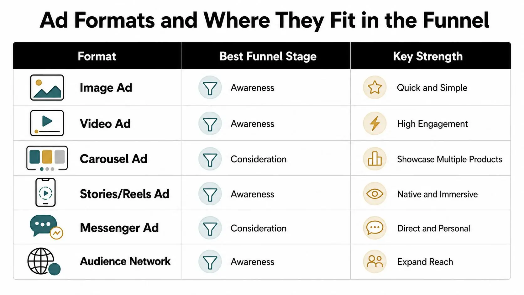 A chart showing different Facebook ad formats, their funnel stage, and key strengths for digital marketing strategies.