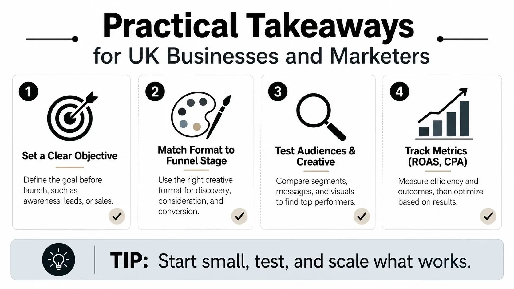 An infographic showing four practical business takeaways for marketing optimization with a tip to start small.