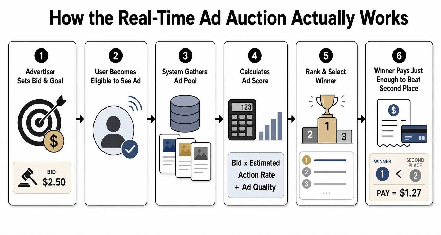 A six-step infographic explaining the process of a real-time digital advertising auction for ad placement.