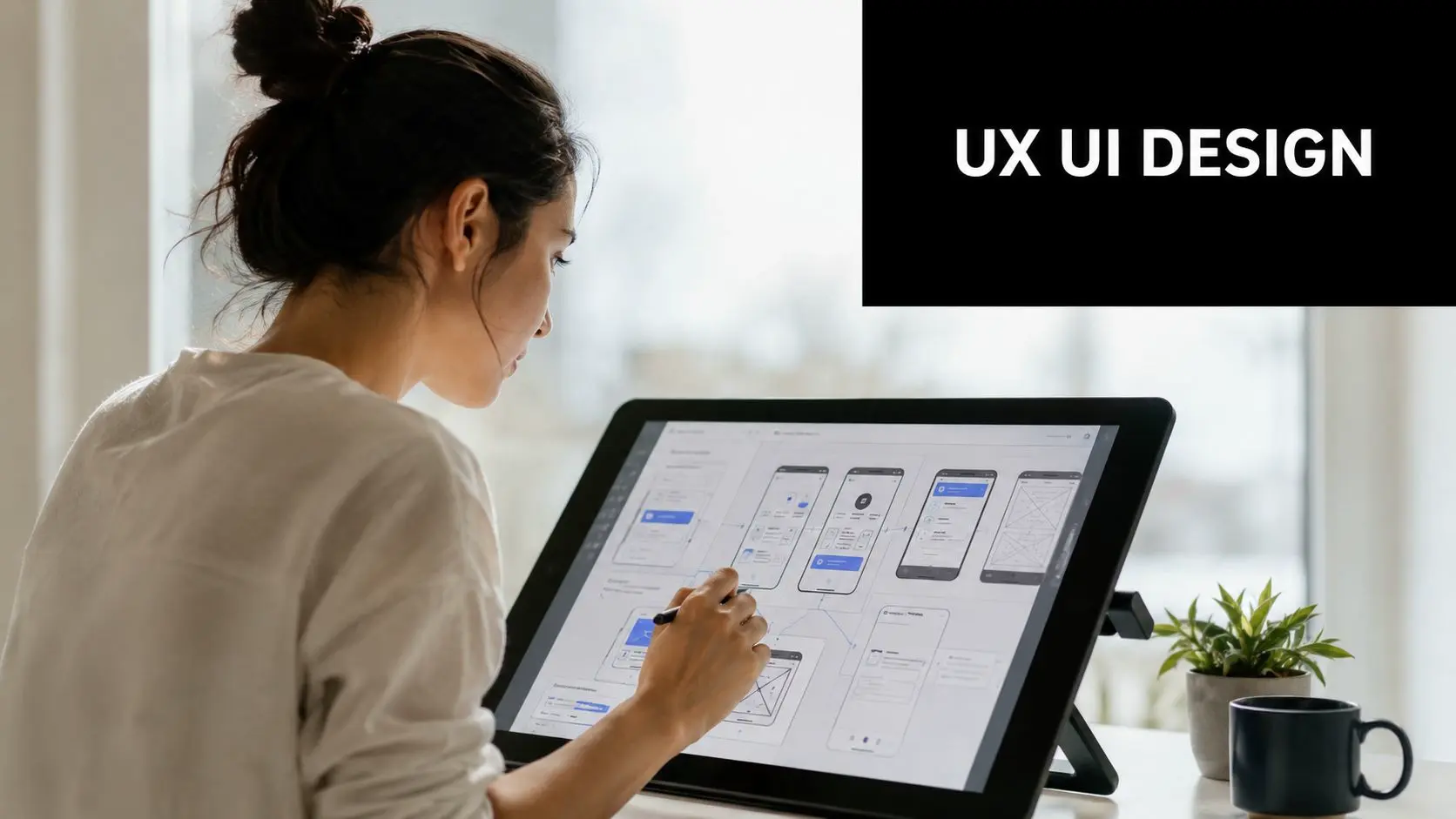 A professional female UX designer working on mobile application wireframes using a digital drawing tablet.