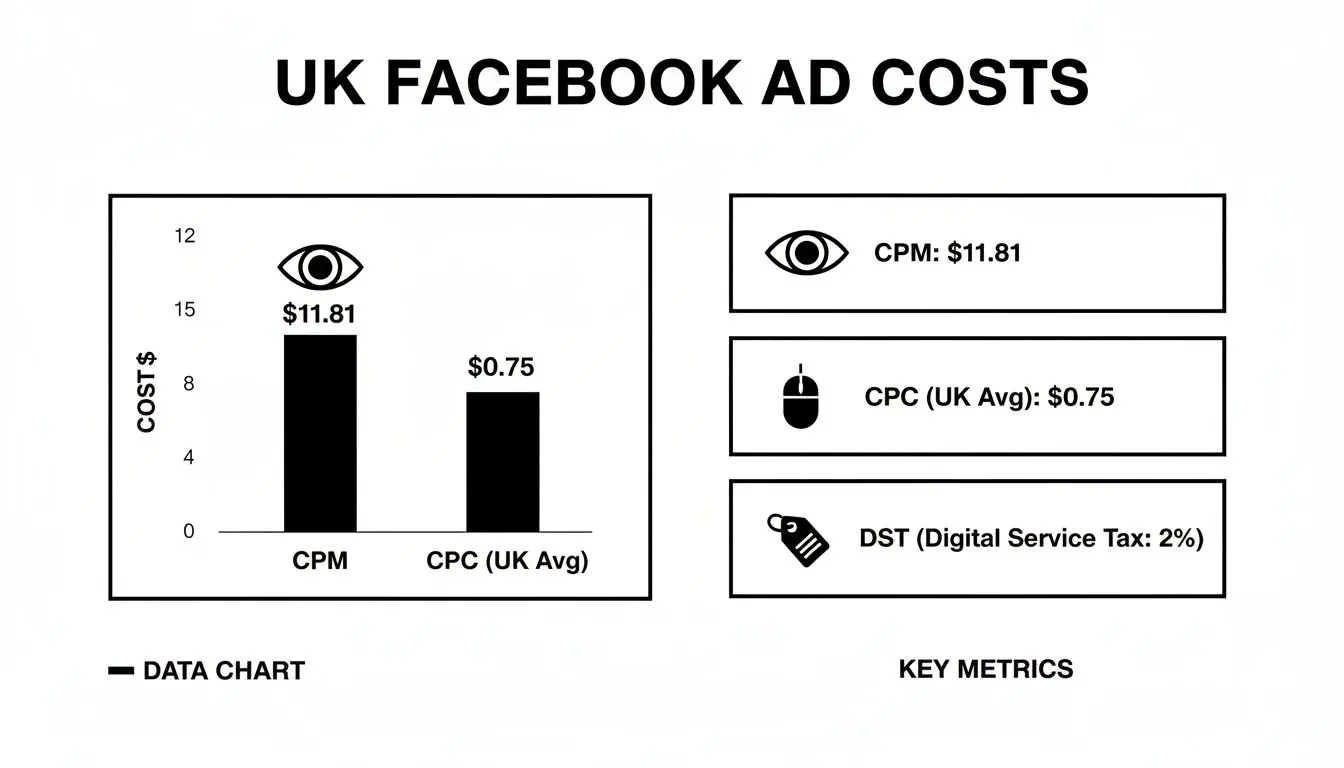 Bar chart displaying UK Facebook ad costs for CPM ($11.81) and CPC ($0.75), alongside digital service tax.