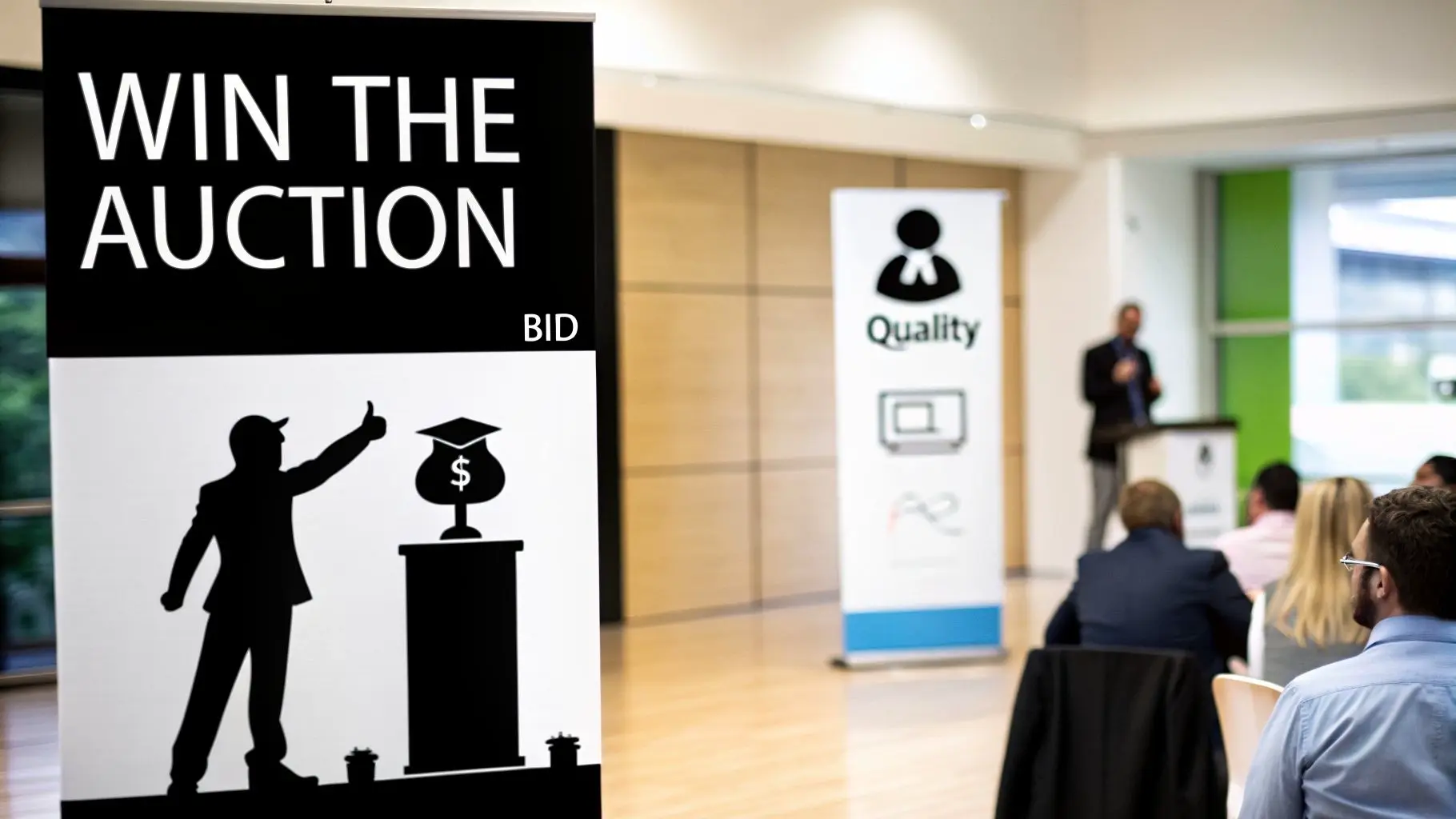 Attendees listening to a speaker at a professional seminar, with an auction-themed banner in the foreground.