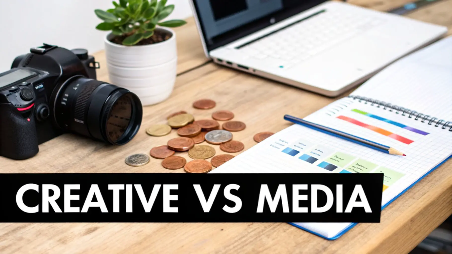 A desk with a camera, laptop, coins, and notebook, with the text 'Creative vs Media'.