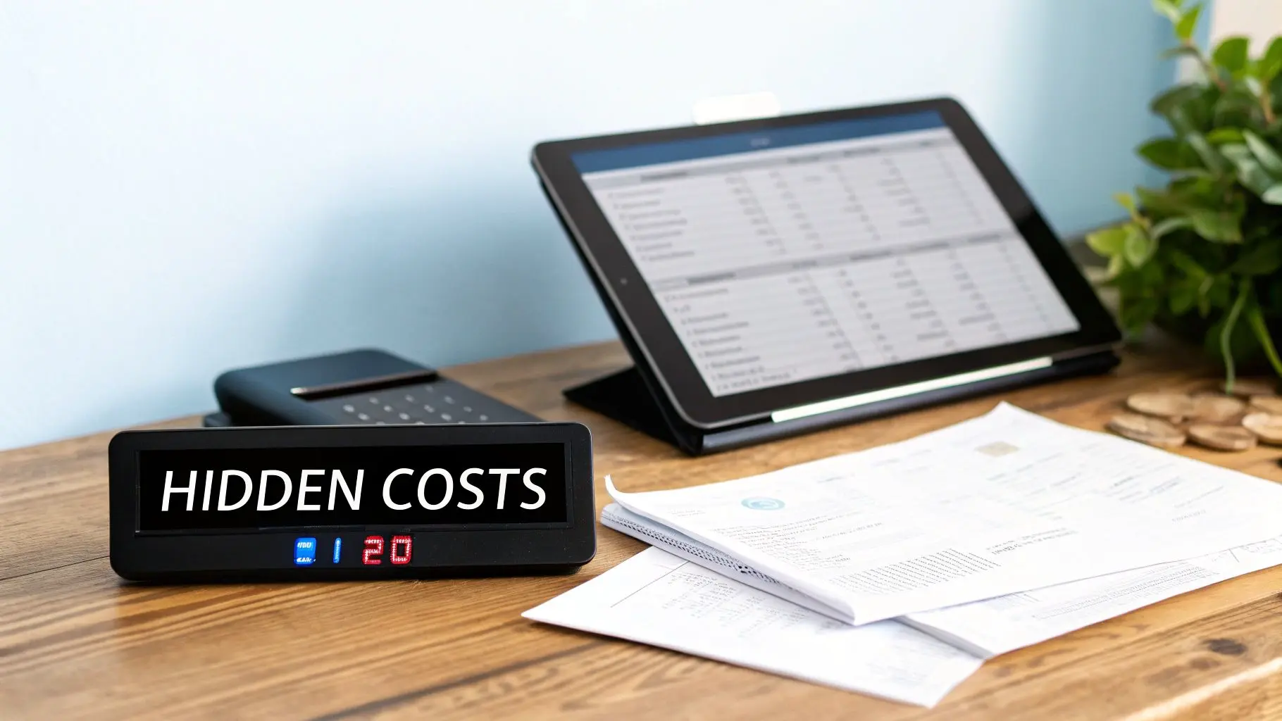 A magnifying glass hovering over a calculator and coins, symbolising hidden costs.