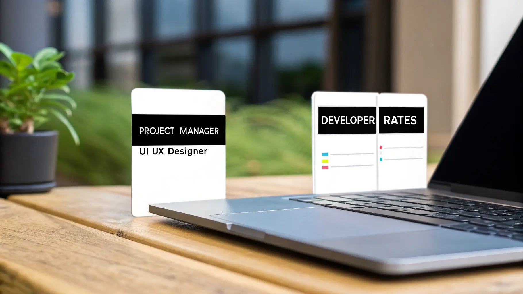 A group of app developers collaborating around a desk with laptops and screens showing code.