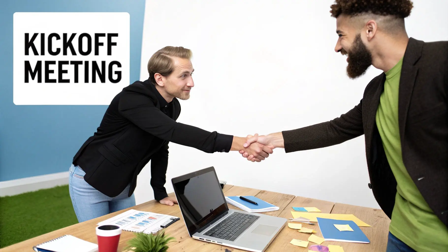 A team of creatives collaborating around a large tablet displaying animation concepts.