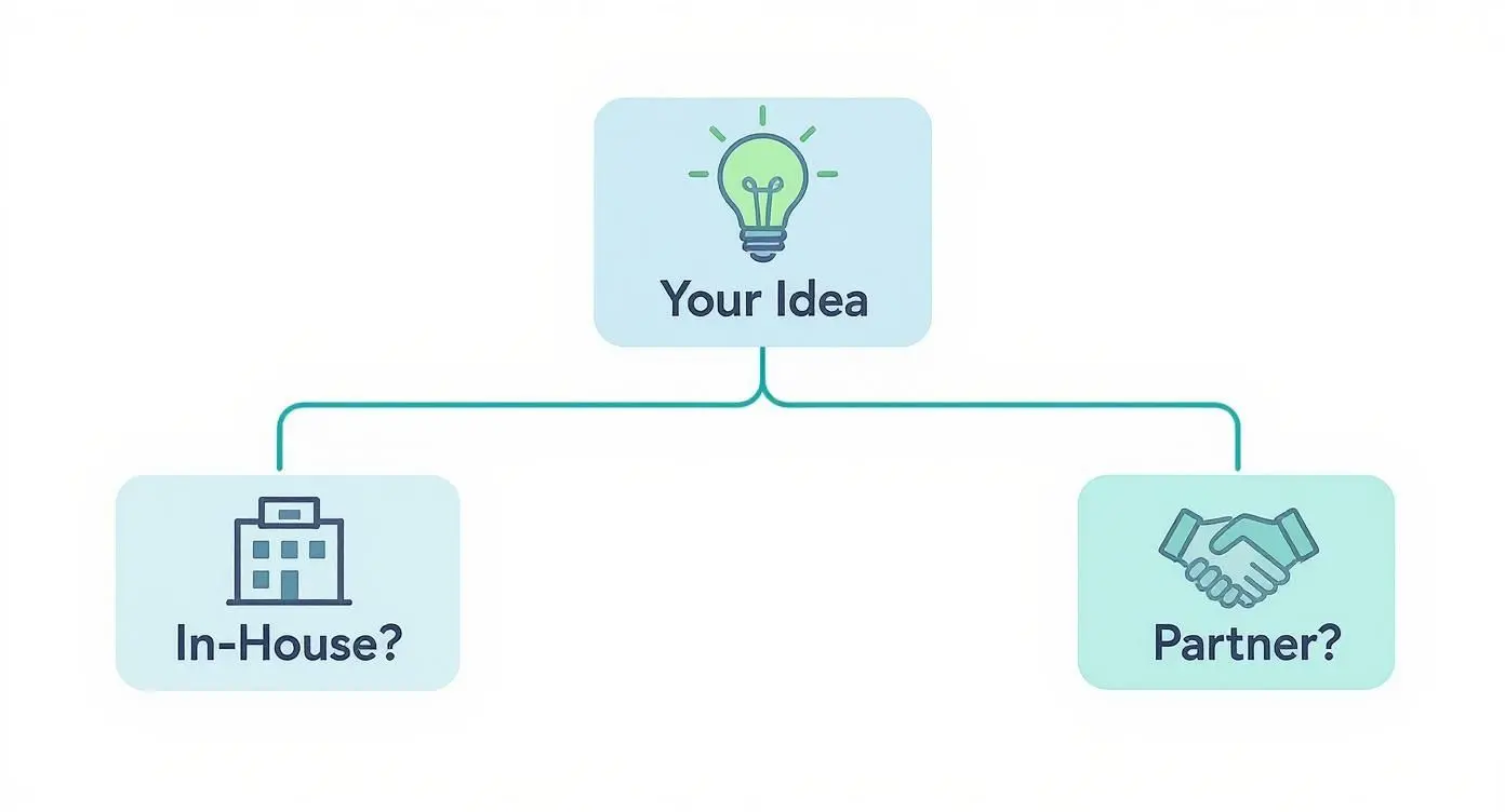 Decision flowchart showing app development options: in-house team versus partnering with external agency