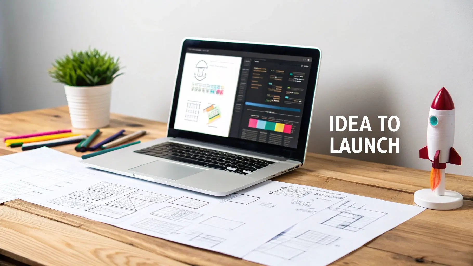 Laptop displaying design mockups on desk with sketches, colorful pens, and rocket model