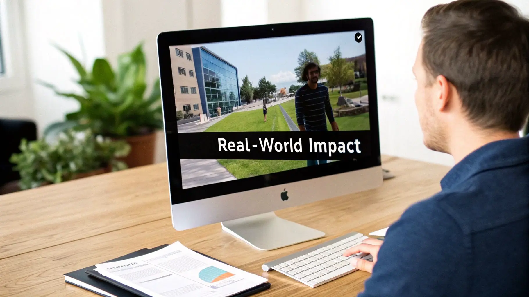 A man watches a video about real-world impact on an Apple iMac computer, with documents on the desk.