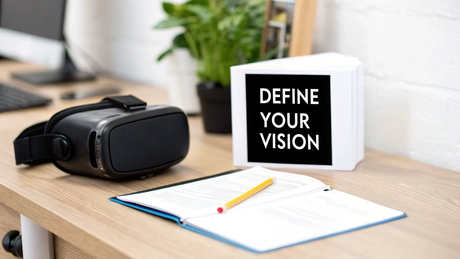A VR headset, open notebook with a pencil, and a 'DEFINE YOUR VISION' sign on a wooden desk.