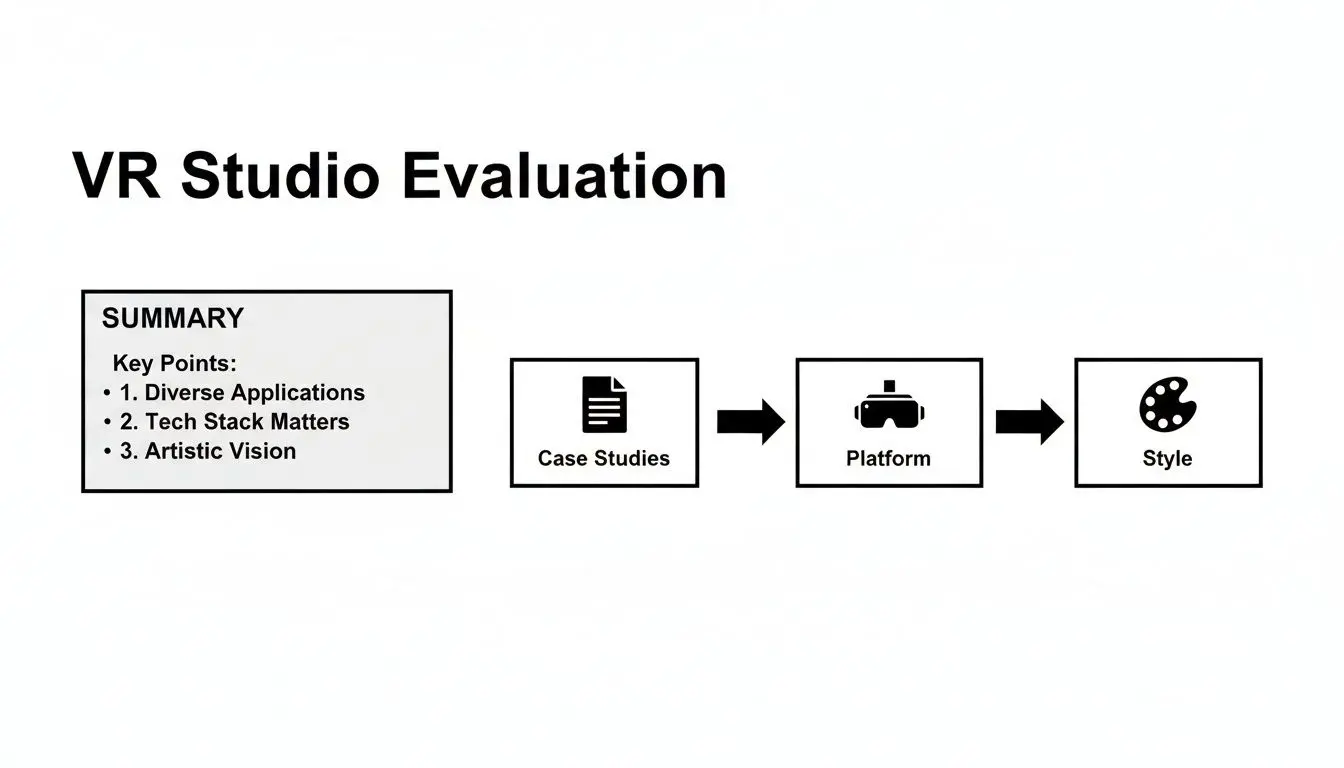 A diagram titled 'VR Studio Evaluation' outlining key points, case studies, platform, and style.