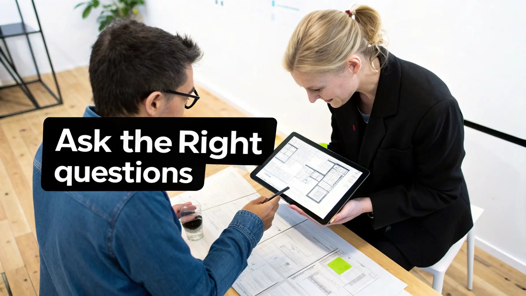 Two professionals, a man and a woman, discuss architectural plans on a tablet and paper, symbolizing asking the right questions.