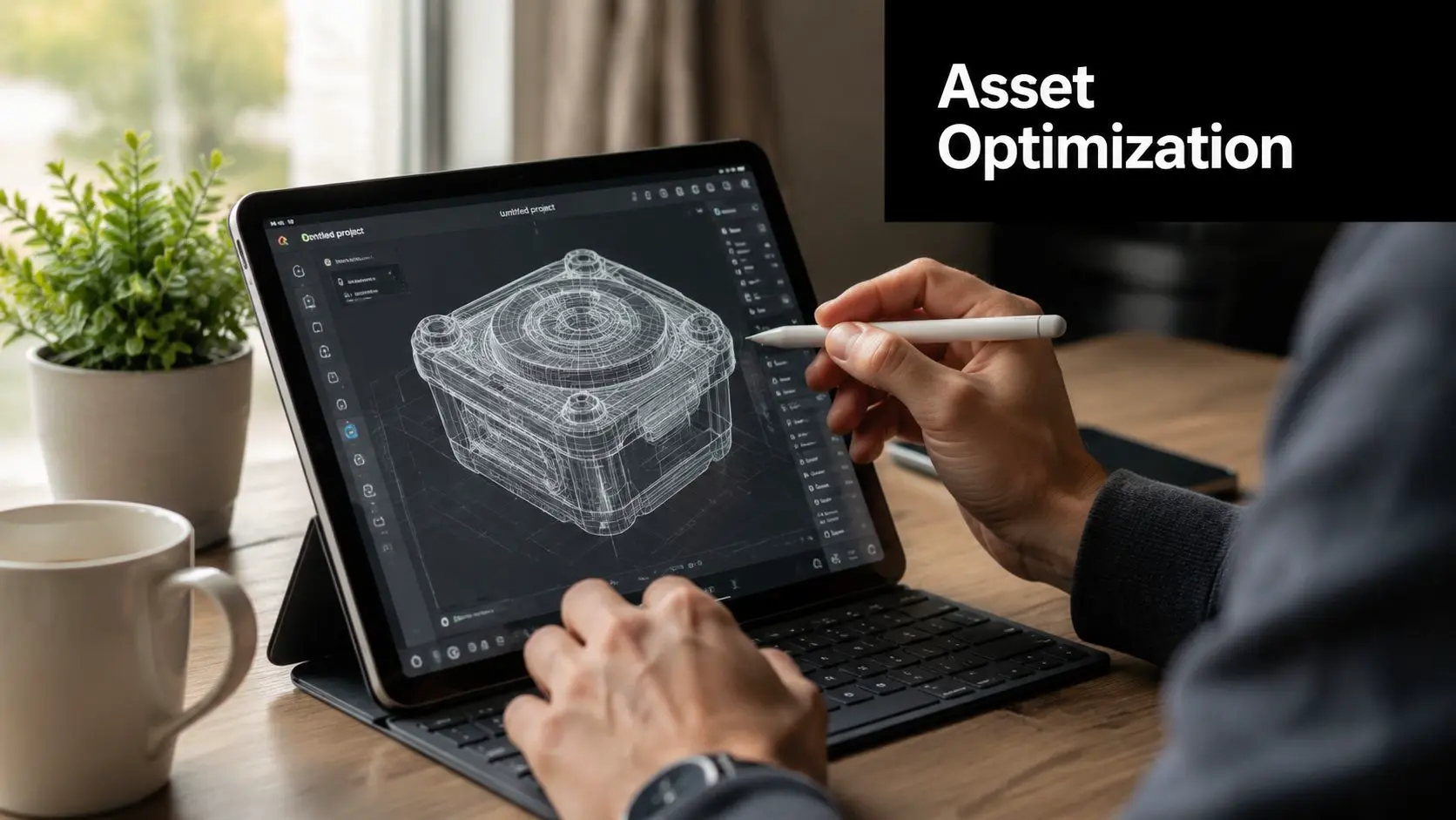 A professional designer using a digital tablet with a stylus to optimize a 3D wireframe model.