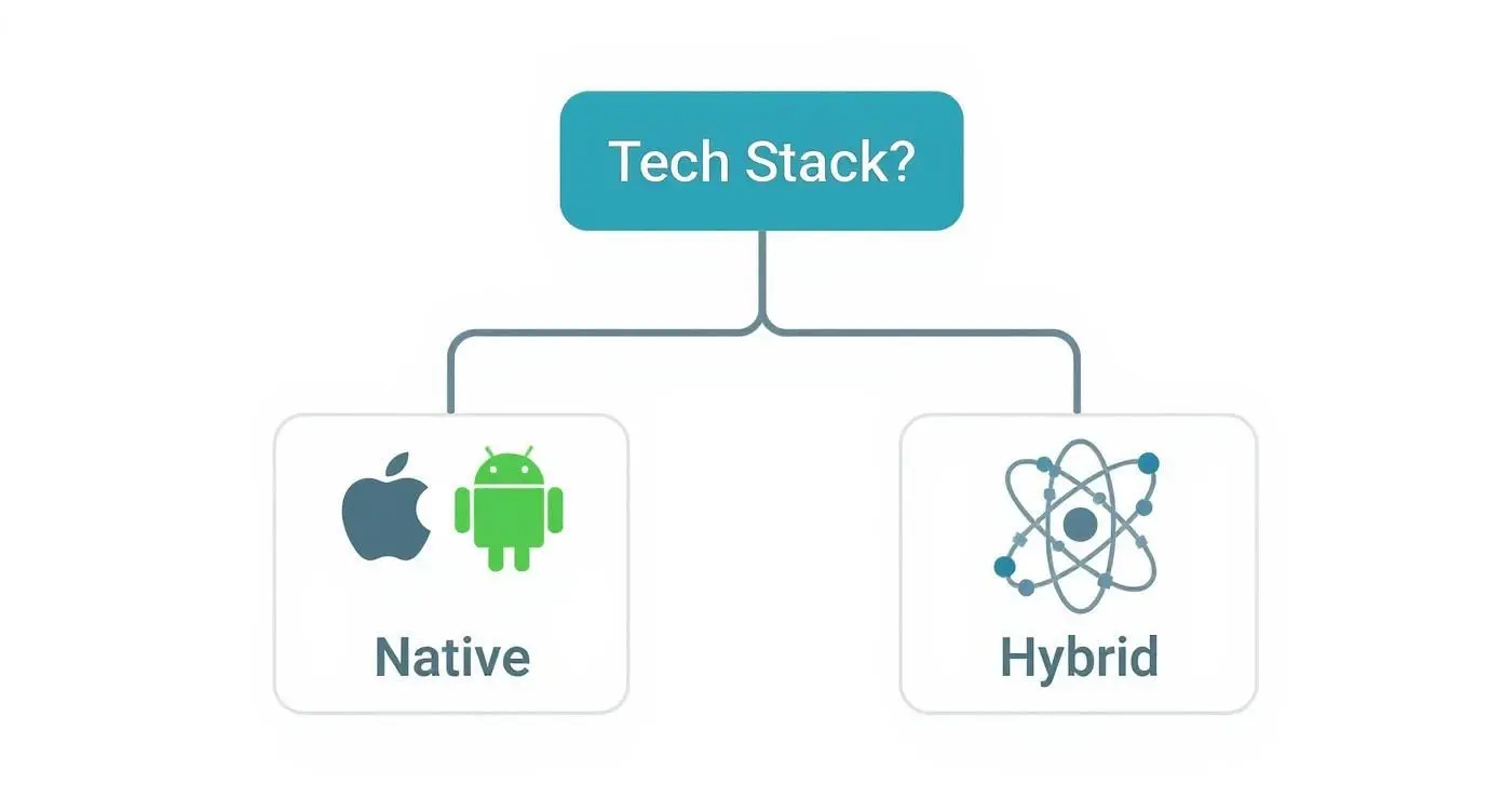 An infographic decision tree showing the choice between native and hybrid tech stacks for app development.