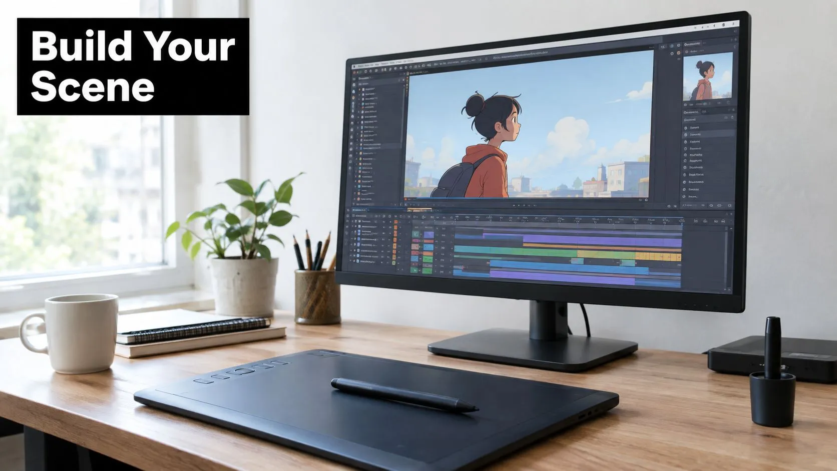 A clean workstation featuring a graphics tablet, pen, and a monitor displaying 2D animation editing software.