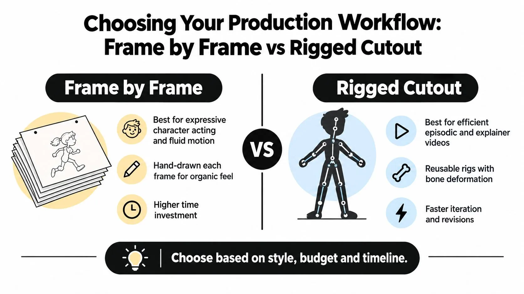A comparison infographic between frame-by-frame animation and rigged cutout animation techniques for production workflows.