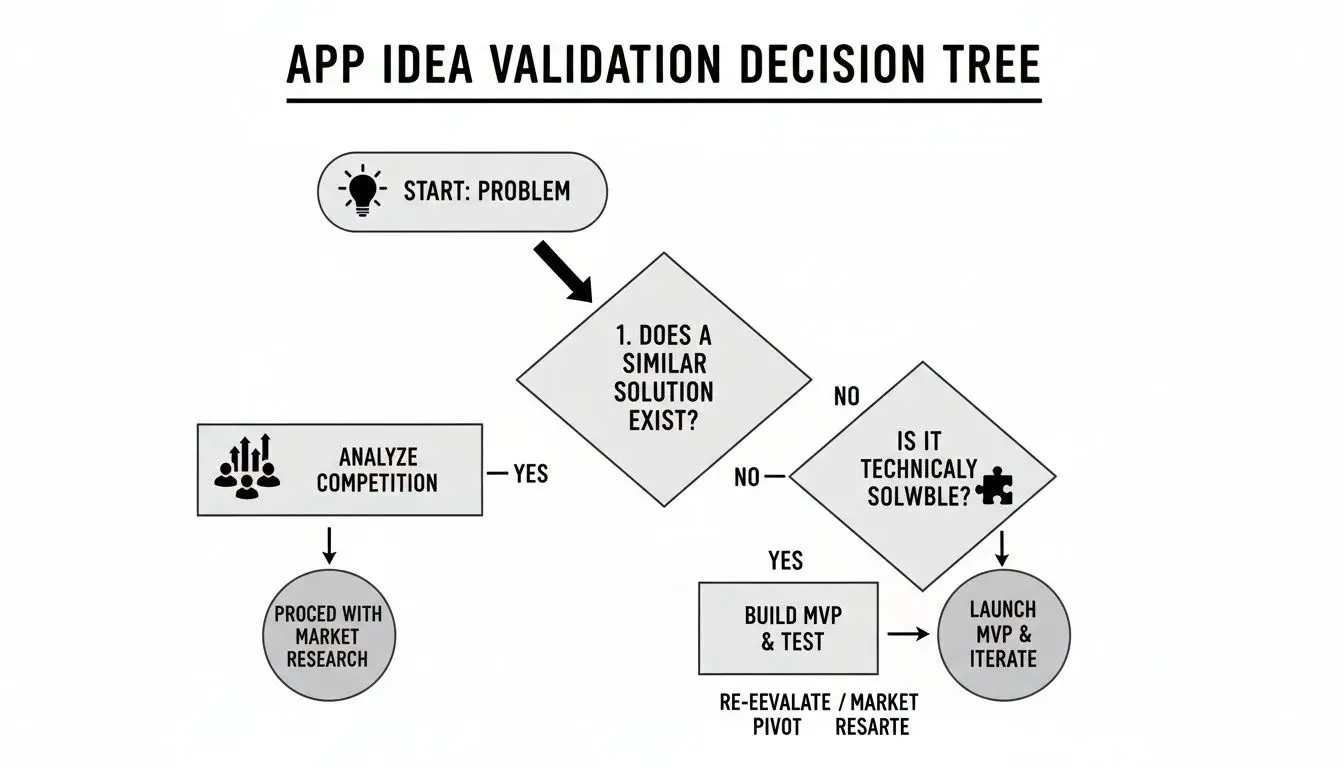 A flowchart detailing the app idea validation decision tree process from problem to launch.