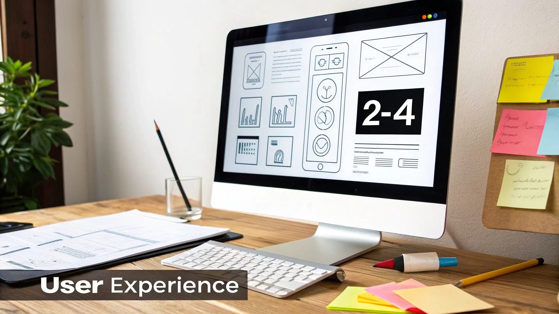 A desktop computer displaying UI/UX wireframes and design elements in a modern workspace.